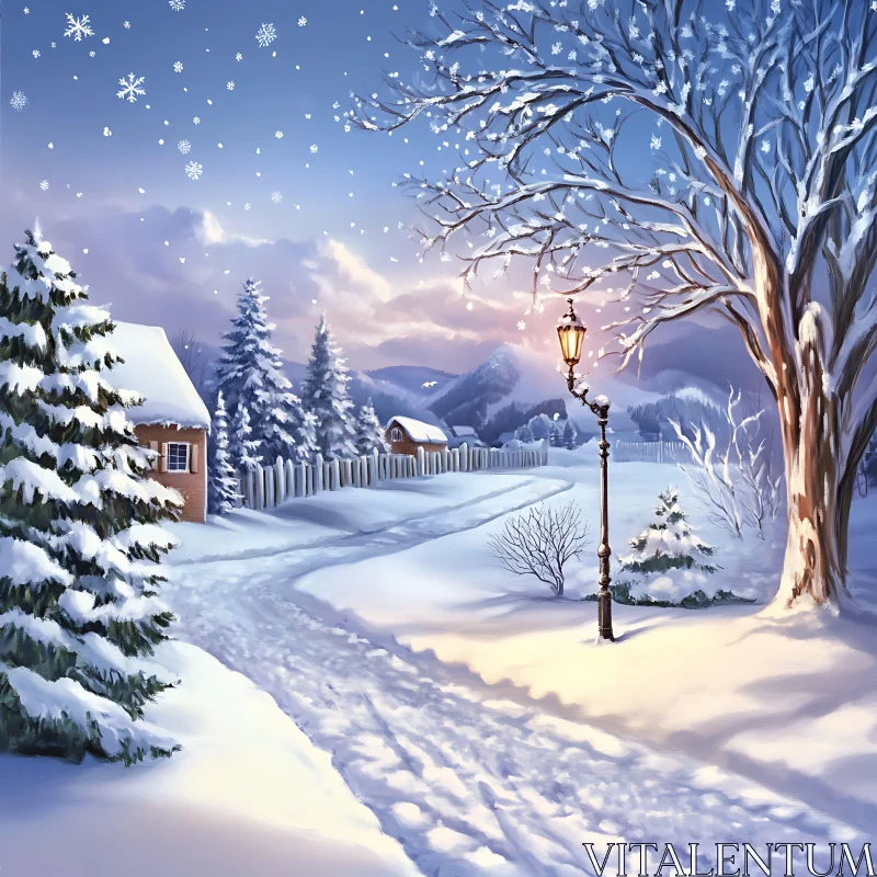 Serene Snowy Scene at Dusk AI Image