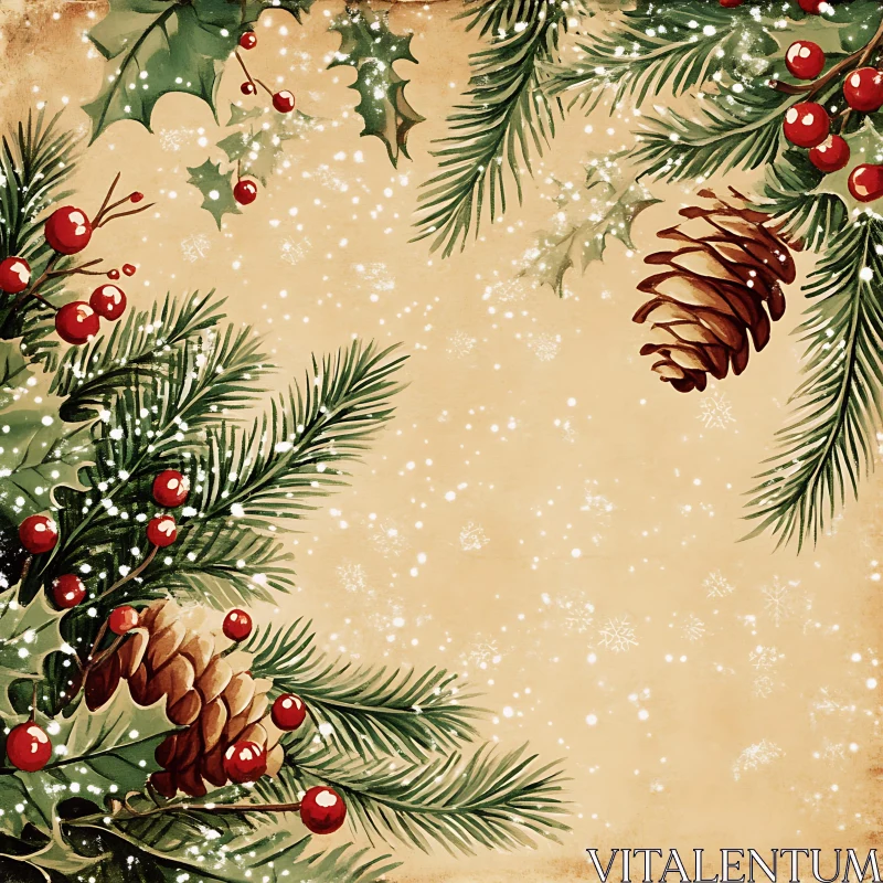 Holiday Illustration: Evoking Christmas Spirit with Evergreens and Red Berries AI Image