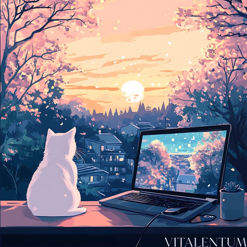 Serene Cat at Sunset with Blossoming Trees and Technology AI Image