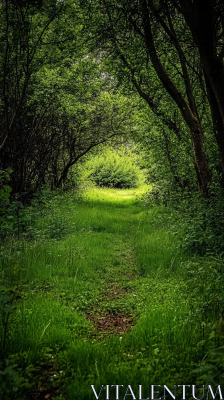 Enchanting Green Path through a Forest AI Image