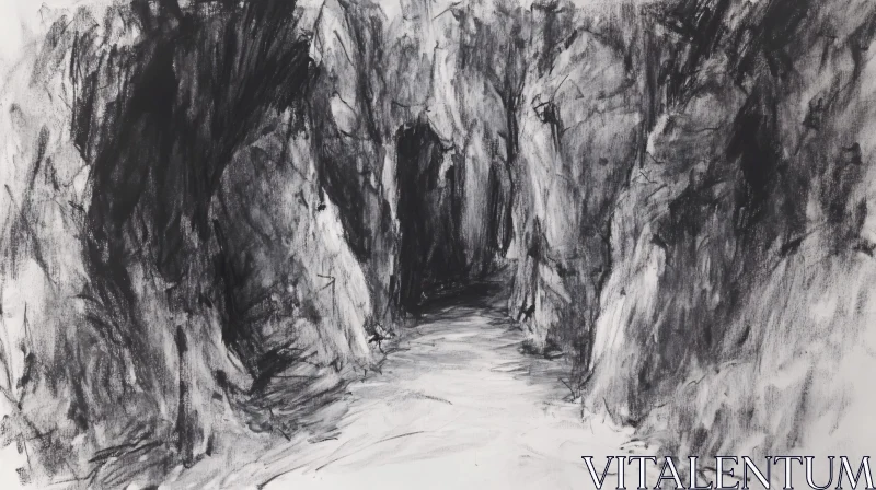 AI ART Charcoal Sketch of a Dark Cave Pathway