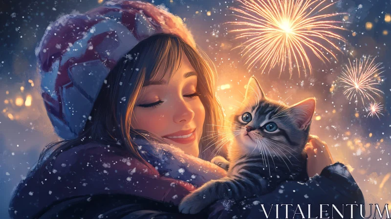 AI ART Winter Night Celebration with Fireworks and Cat