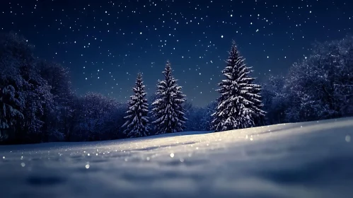 Snowy Pine Trees Under Starry Winter Night