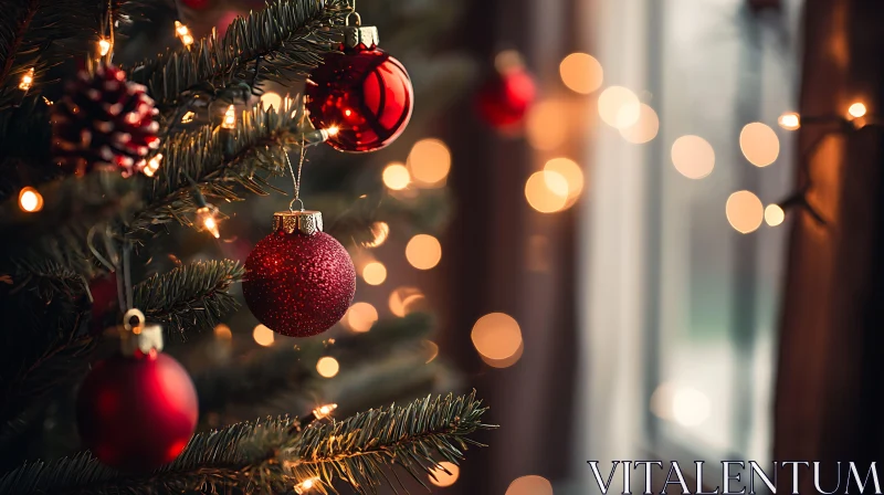 Festive Christmas Tree with Red Baubles and Bokeh Lights AI Image