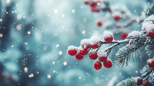 Snow-Covered Winter Berries on Pine Branch