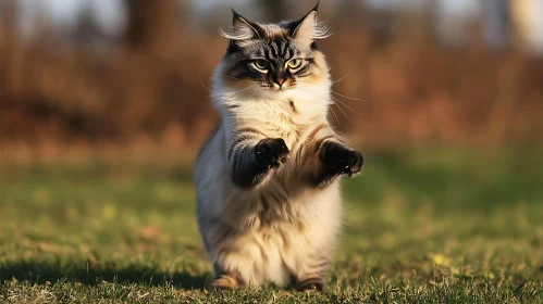 Fluffy Cat Standing on Hind Legs in Outdoor Setting