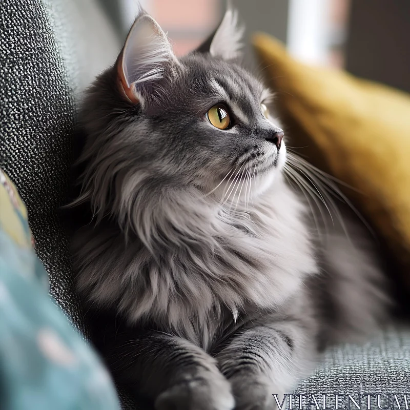 Charming Grey Feline Relaxed on Couch AI Image