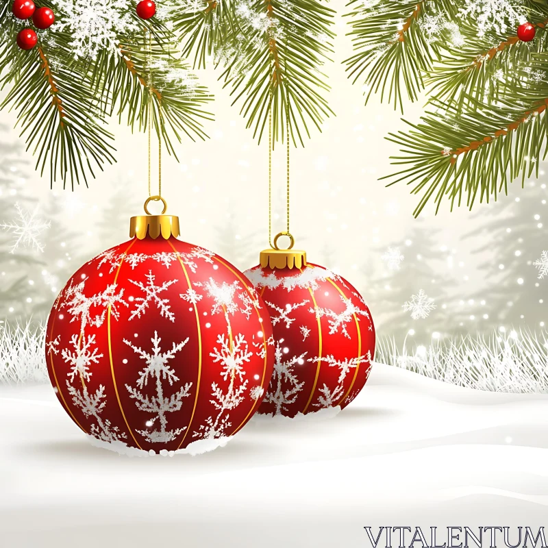 Holiday Decor with Snow-Covered Fir and Red Ornaments AI Image