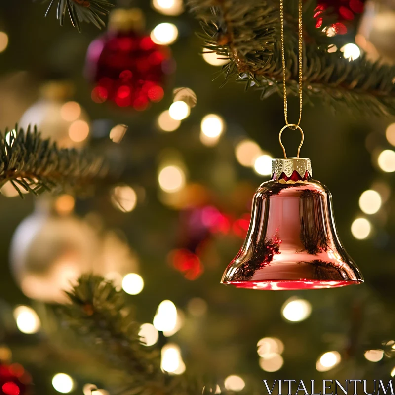 Festive Red Bell Decoration on Christmas Tree AI Image