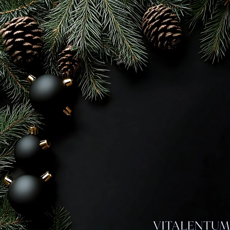 Festive Pine Branches with Pinecones and Black Ornaments AI Image