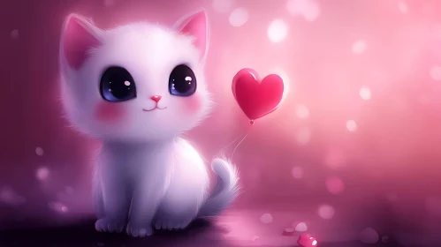 Cute Kitten and Heart Balloon Image