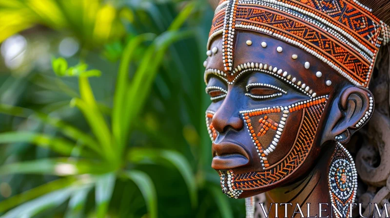 AI ART African Mask: Serene Wood Art with Beads and Cowrie Shells