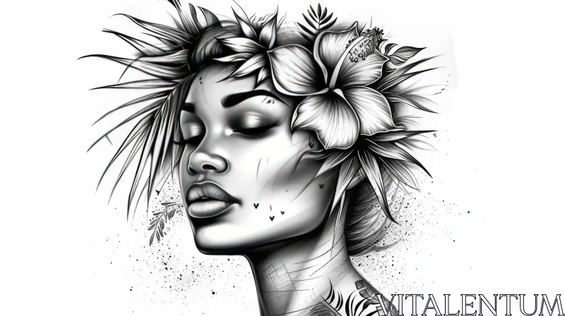 Black and White Portrait of a Serene Young Woman with a Hibiscus Flower AI Image