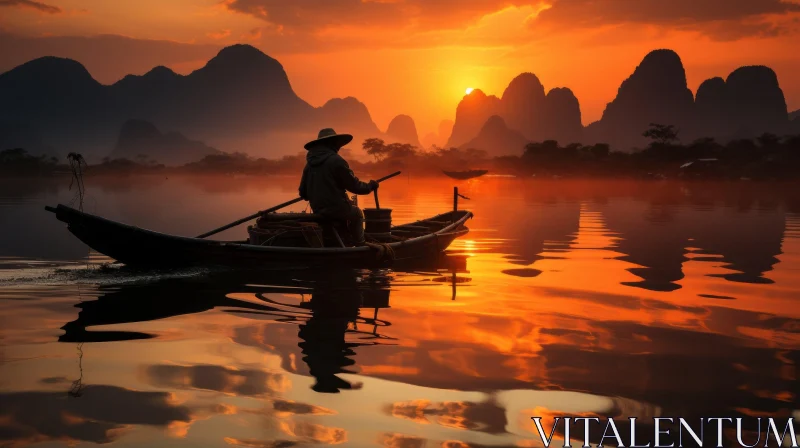 Boatman on a Serene River at Sunset in Southwest China AI Image