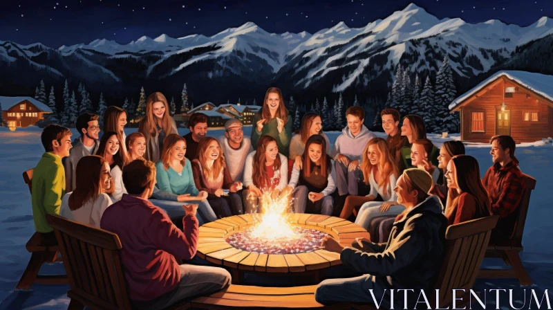 AI ART Bonfire Gathering in the Mountains