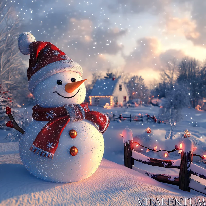 Charming Snowman in Winter Holiday Setting AI Image