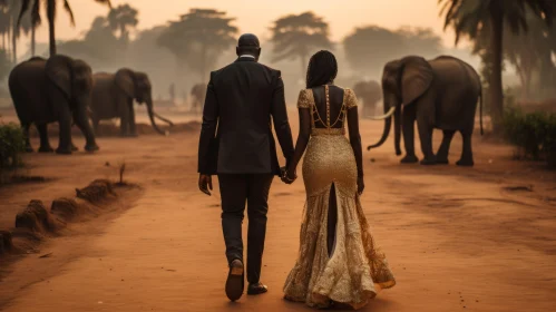 Elegant Couple with Elephants: A Romantic Stroll in Gold Hues