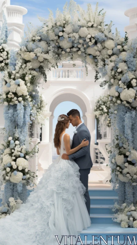 Elegant Wedding Scene with Bride, Groom and Floral Arch AI Image