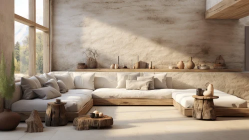 Neutral-Toned Living Room with Organic Stone Carvings and Mediterranean Aesthetics