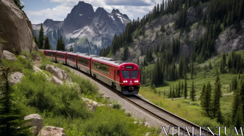Red Train in the Mountains: A Fusion of Eastern and Western Influences AI Image