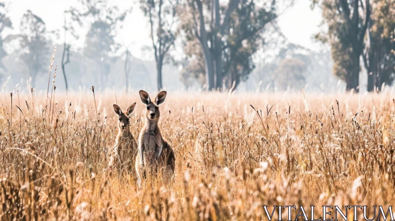Serenity in Nature: Kangaroos in a Field of Grass AI Image