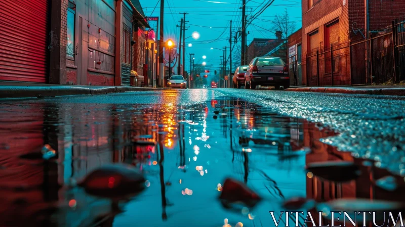 Urban Street at Night with Rain and Reflections AI Image