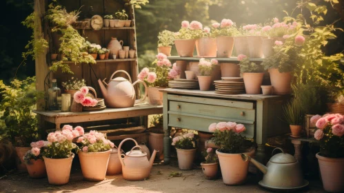 Vintage Garden Scene with Pink Flowers and Wooden Furniture