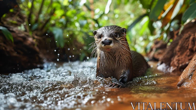 Wild Otter in Shallow River: Natural Beauty and Curiosity Captured AI Image