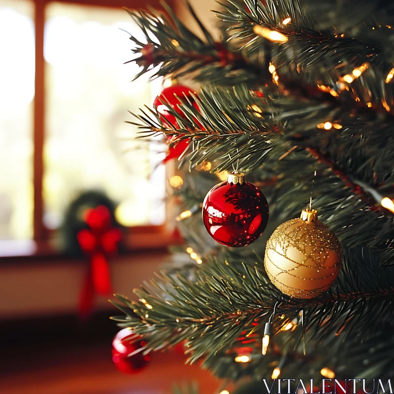 Festive Christmas Tree with Red and Gold Baubles AI Image