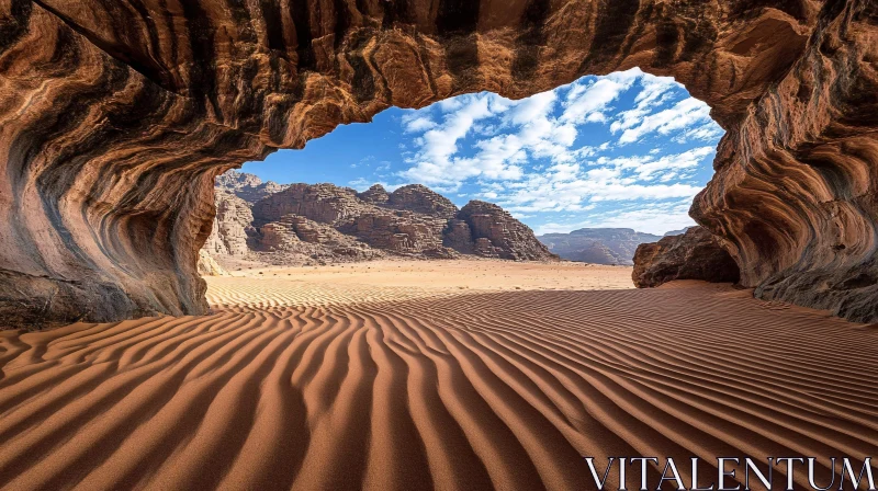 Desert Cave Opening with Sand Ripples and Mountain View AI Image