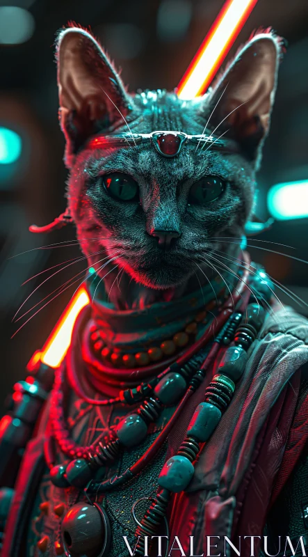 AI ART Cyberpunk Cat with Beads and Stones in Neon Light