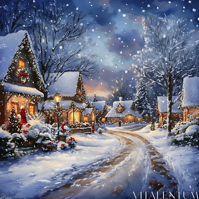 Snowy Night in a Christmas Village AI Image