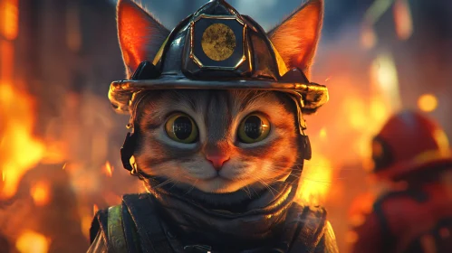 Courageous Cat Firefighter in Burning Scene