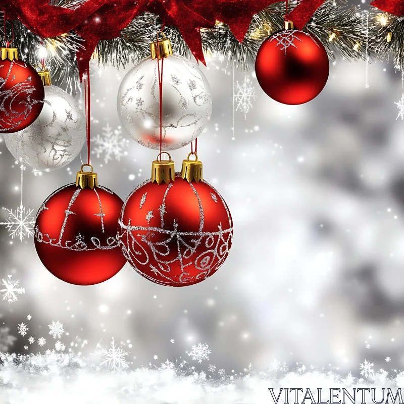 Festive Holiday Decorations with Red and White Baubles AI Image