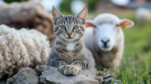 Cat and Sheep Companions in Nature