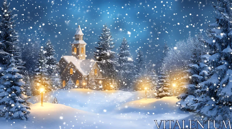 Charming Church Amid Snowy Forest on a Winter Night AI Image