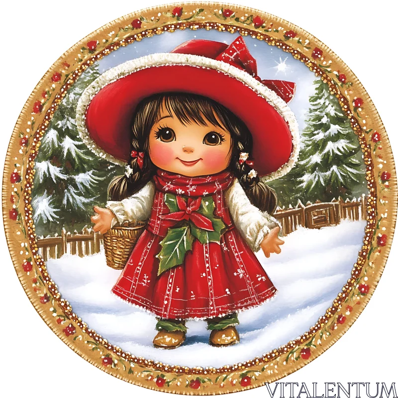 Little Girl in Red Winter Outfit in Snowy Landscape AI Image