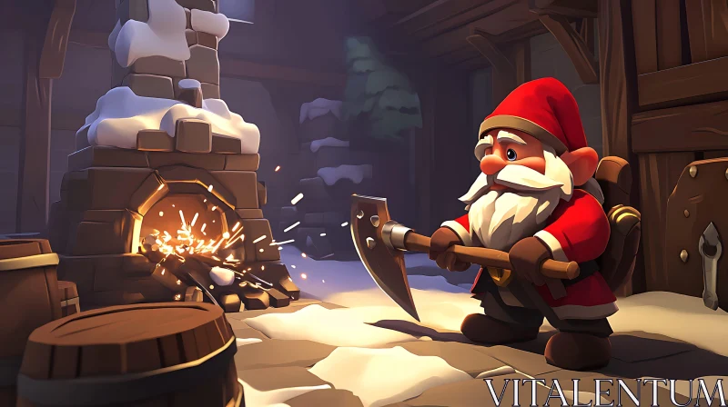 Snowy Scene with a Cartoon Dwarf & Fireplace AI Image