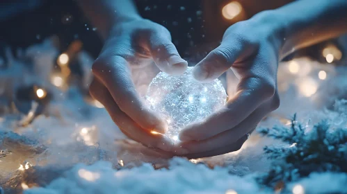 Hands Holding a Glowing Crystal Ball in a Snowy Setting