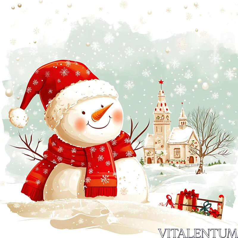 Joyful Snowman with Church and Gifts in Snow AI Image