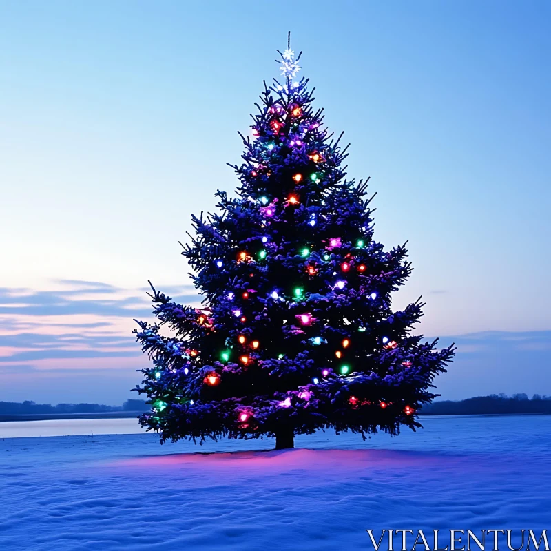 Christmas Tree with Colorful Lights in Snowy Twilight AI Image