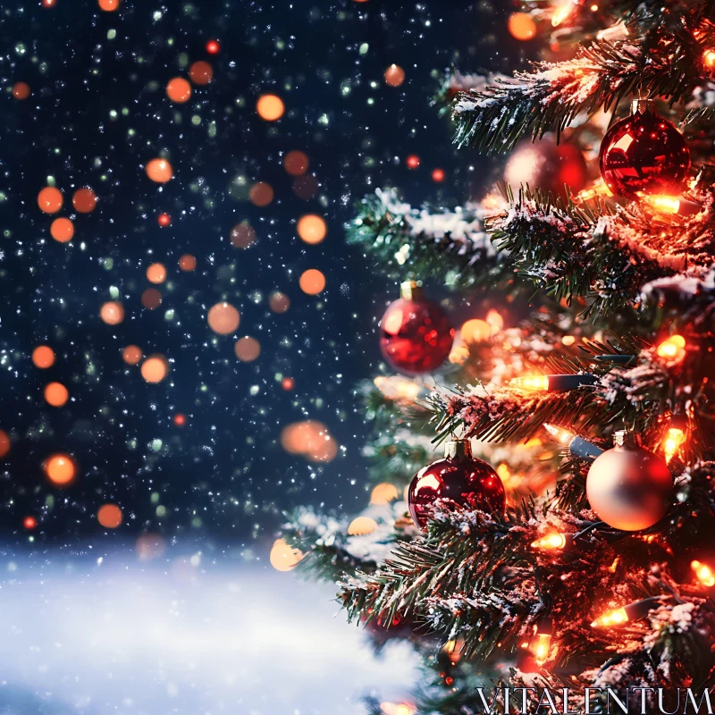 Festive Christmas Tree with Red Ornaments and Snow AI Image