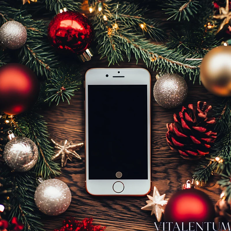 Smartphone Amongst Christmas Ornaments on a Wooden Surface AI Image