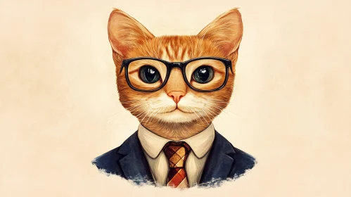 Orange Cat Portrait in Suit and Glasses