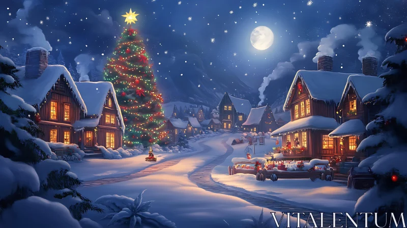 AI ART Winter Village with Christmas Decorations and Snow