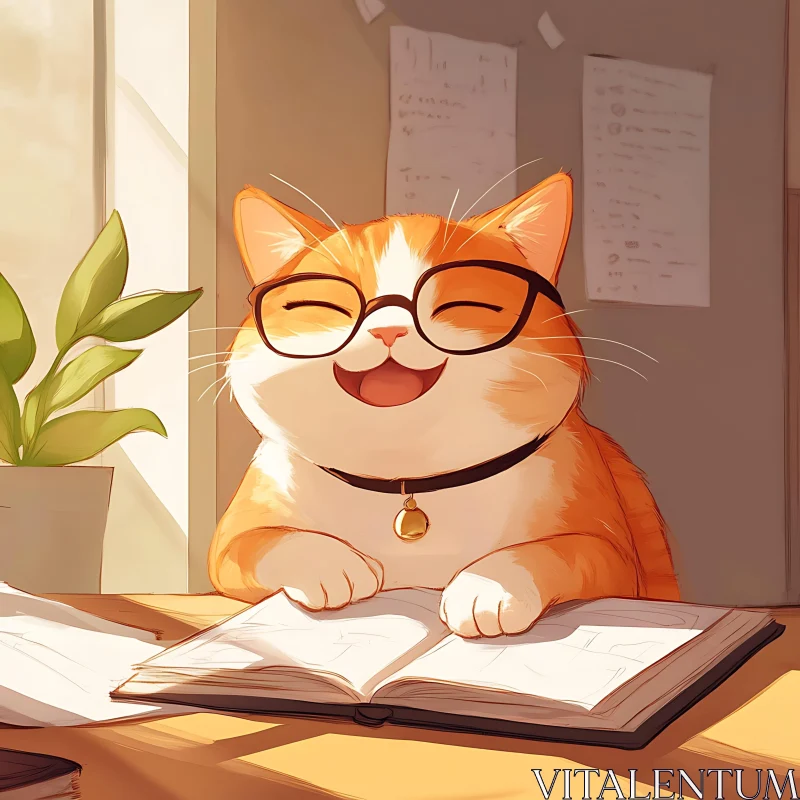 Cute Cat with Glasses Smiling and Reading AI Image