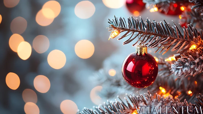 Close-Up of Christmas Tree with Red Bauble and Lights AI Image