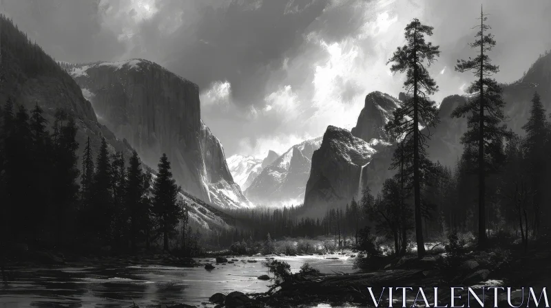 AI ART Black and White Landscape Photography in Yosemite National Park