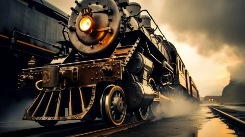 Black Steam Engine on Rails at Sunset | Steampunk Style