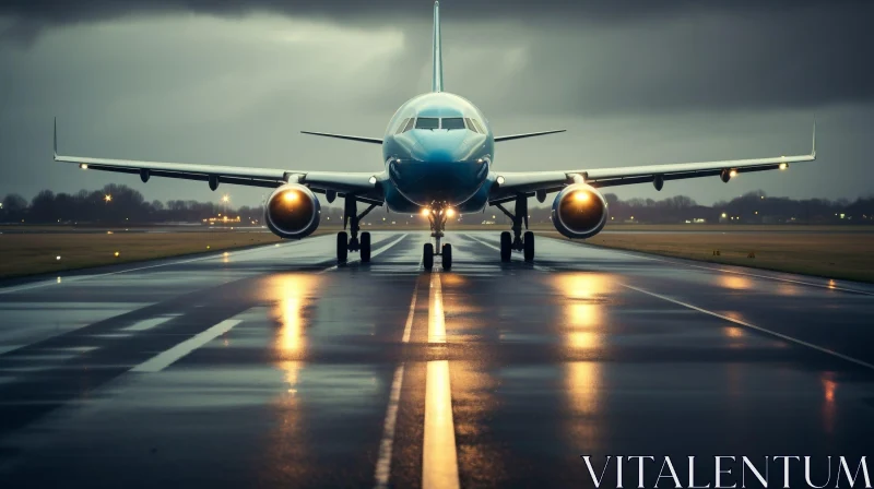 Blue Airplane Parked on Wet Runway at Airport AI Image
